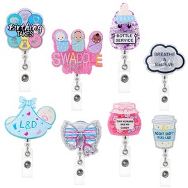 8 Pcs Labor and Delivery Nurse Badge Reel, Mother Baby OBGYN Badge Reel Gifts, Cute Glitter Obstetrics Retractable Holder with Alligator Clip for Ob L&D Nicu Postpartum Doctor