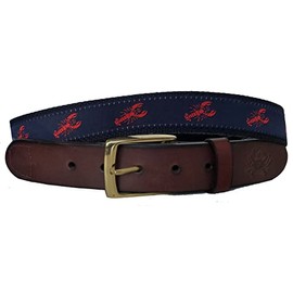 No27 Mens Lobster Leather Belt, Leather Tab and Buckle, Red Lobster on Navy Ribbon Leather Belt
