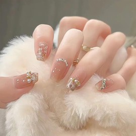 XUZOO Nail Tip, 3D Fiddle, Short, Long, Cute, Stylish, Popular, Simple, Bridal Nail Tip, Wedding, False Claws, Crystal, Butterfly, 3D Nail Tip, Nail Tip, Nail Sticker, Nail Tool, Double Sided Tape, 24