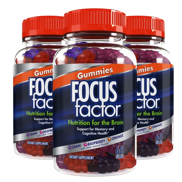 Focus Factor Nootropic Gummies - Memory Supplement for Brain, Phosphatidylserine, Bacopa, Huperzine A - 60 Count (3 Pack)