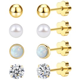 Enticera 4Pairs Flat Back Earrings for Women 14K Gold Hypoallergenic Cartilage Earring for Sensitive Skin CZ Opal Heart Star Ball Screw Back Nap Earrings for Helix Piercing Gold StyleA