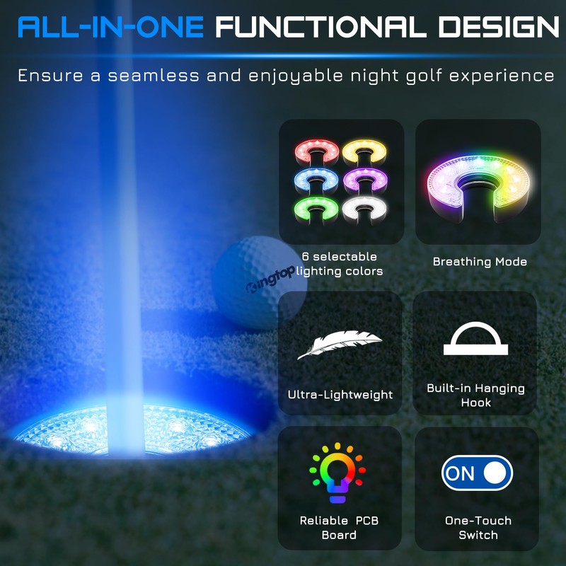 KINGTOP LED Golf Hole Lights (4-Pack) - Battery Operated, Anti-Glare