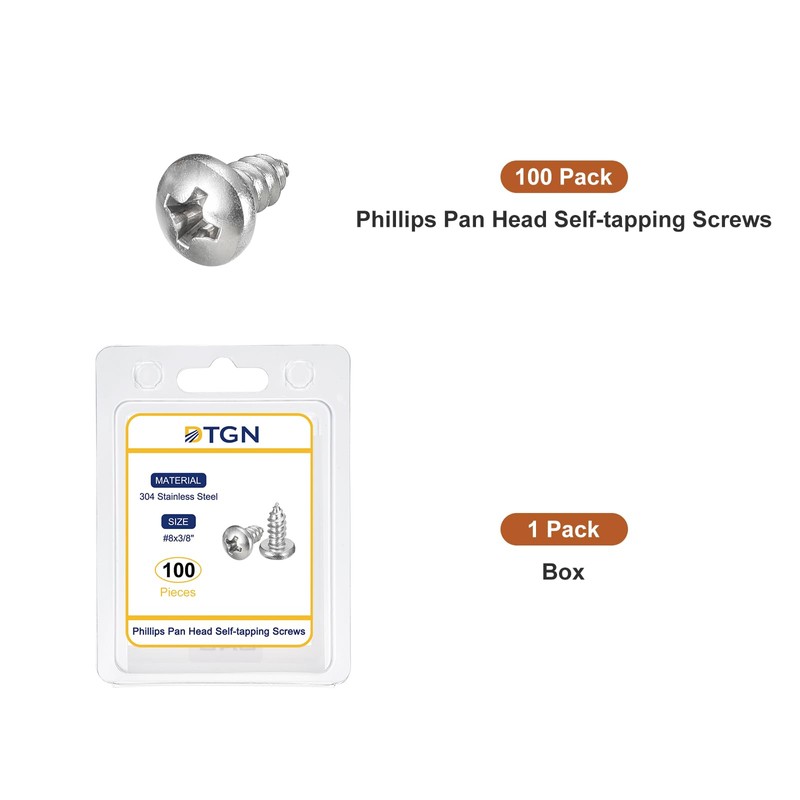 DTGN #8x3/8 Phillips Pan Head Self-Tapping Screw - 100Pack -