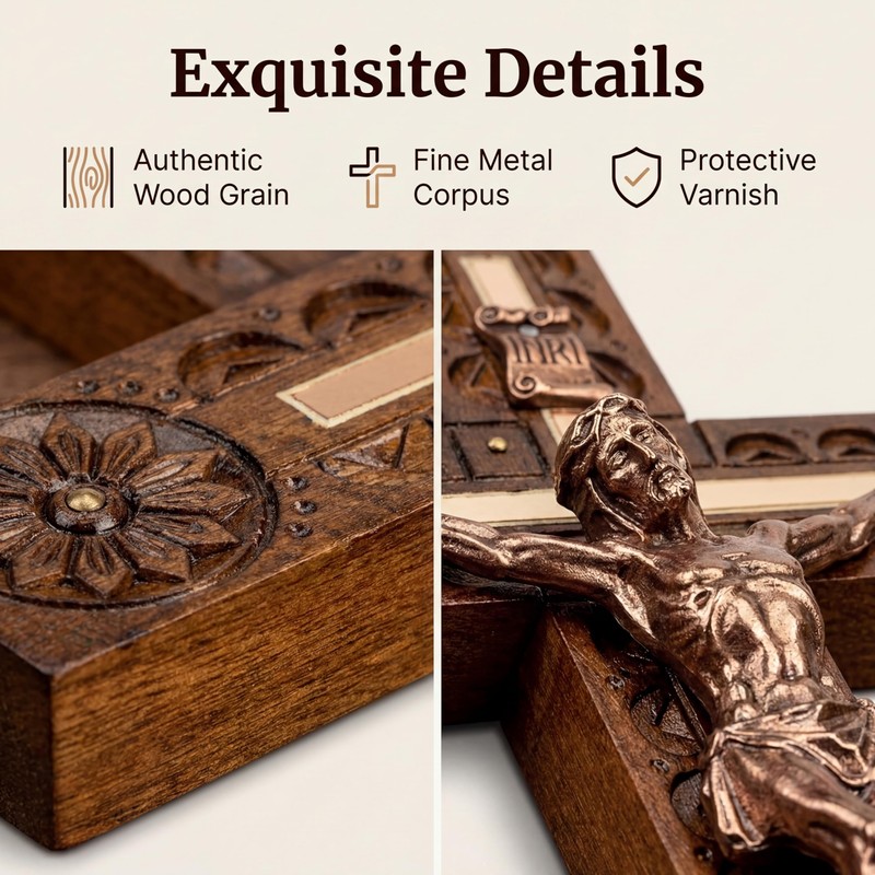 Woodvio - Handmade Wooden Wall Cross, Hand Carved Surface, Catholic