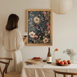 AKWISH Framed 3D Textured Vintage Wall Art - Dark Academia Bumble Bee Hand Drawn Sandstone Paintings with Botanical Florals, Aesthetic Wall Decor for Living Room Bedroom Home 12x16 inch