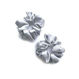 Bobblelady. Satin Scrunchies 2 Pieces. Premium Quality Crepe Back Satin. 11cm Across. Hair Scrunchie. Suit Child/Adult. Silver