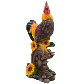 Classic Proud Rooster Statue on Old-fashioned Wagon Wheel with Sunflower Accents for Rustic Country Kitchen Decor Sculptures As Farm Animal Gifts for Farmers