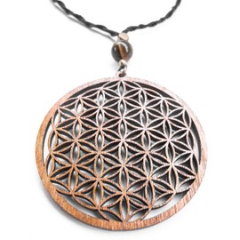 Flower of Life Abundance Pendant Necklace, Wooden Sacred Geometry pendant with Tiger Eye Natural Stone Bead by Goa Laser Factory