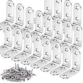 Teenitor 20 Sets Corner Brackets - 40x40 mm L Shaped Corner Braces with 80 Pcs Screws, 90 Degree Right Angle Brackets Metal Stainless Steel Fixing Brackets for Shelves Wood Color Silver