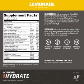 Mtn Ops Hydrate Electrolyte Powder Sugar Free Enhanced Hydration 20 Servings