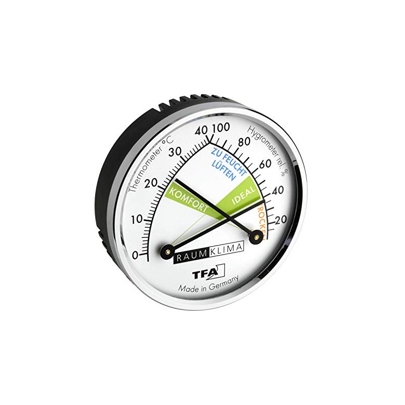 TFA Dostmann Thermo Analogue Thermometer Hygrometer with Metal Ring, Humidity