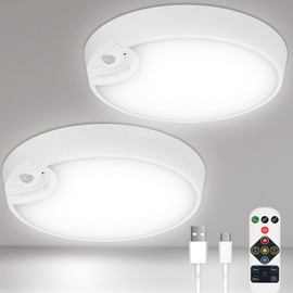 WhitePoplar Rechargeable Motion Sensor Light with Remote: 3 Colors Dimmable Battery Operated Wireless Ceiling Lights, Motion Activated Light for Closets Shower Stairs Pantry Laundry Garage, 2 Pack