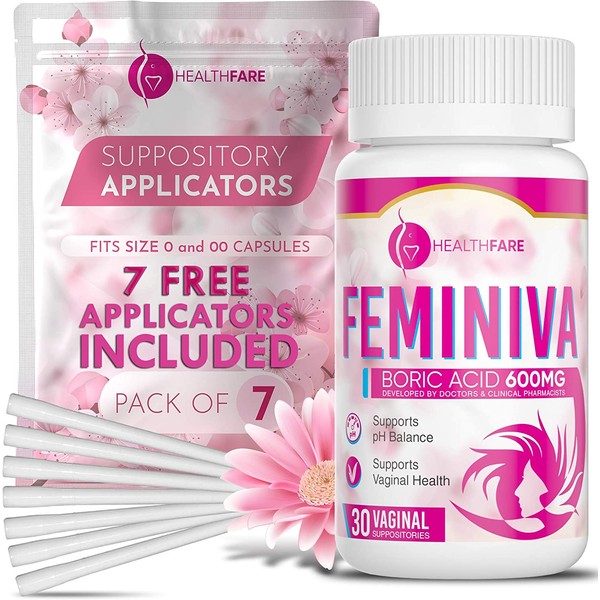 HealthFare Feminiva Boric Acid Vaginal Suppositories - 30 Count, 600mg, Intimate Health Support - 100% Pure Made in USA