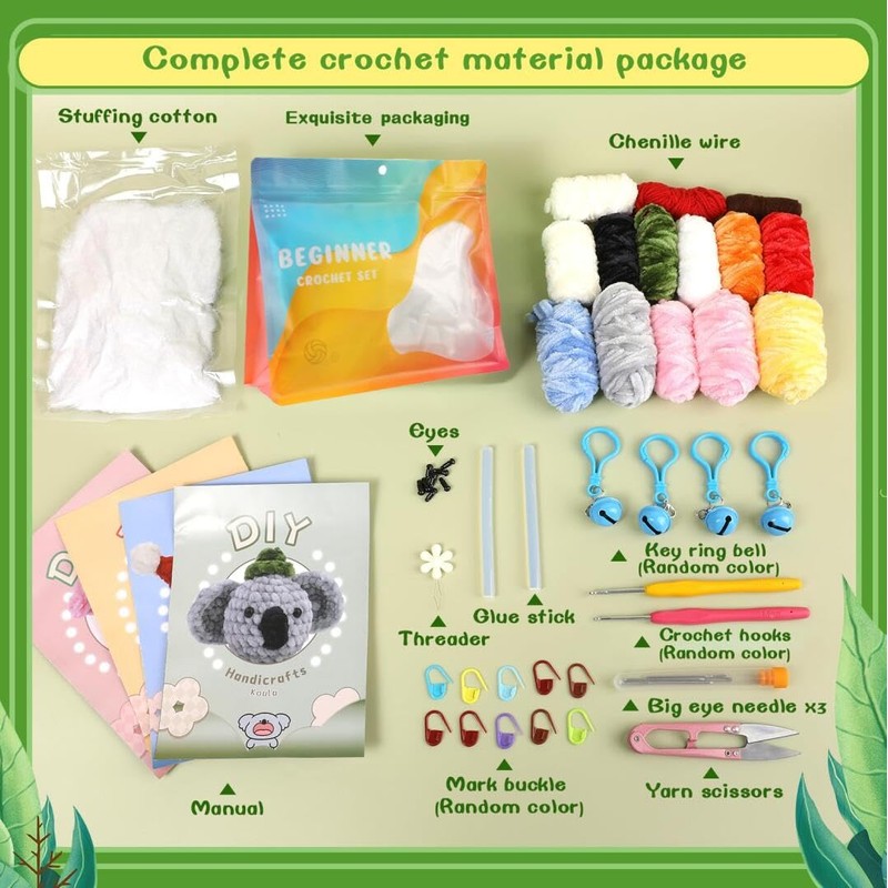 Crochet Kit for Beginners, 4 Pattern Animals, Rabbit, Koala, Penguin,