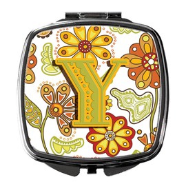 Caroline's Treasures CJ2003-YSCM Letter Y Floral Mustard and Green Compact Mirror Decorative Travel Makeup Mirror for Women Girls Gifts Pocket Makeup Mirror Folding Handheld