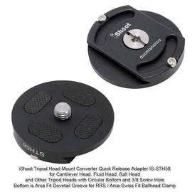 iShoot Tripod head mount, quick change adapter for cantilever head, liquid head, tripod heads with round base and 3/8 screw hole, bottom is Arca-Swiss fit quick release plate
