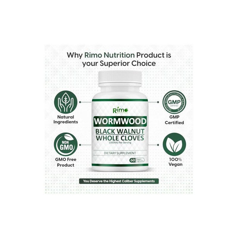 Rimo Nutrition Wormwood Black Walnut Clove Capsules - Cleanse, Detox,