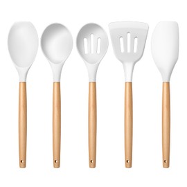 E-far Silicone Cooking Utensils Set, 5-Piece Kitchen Utensils Set with Wooden Handle for Cooking, Silicone Kitchen Nonstick Tools Spatula Turner Slotted Spoons, Nontoxic & Heat Resistant-White