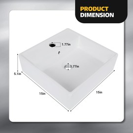 15"x15" Square Bathroom Vessel Sink, Above Counter Bathroom Sinks with Overflow Hole, White Ceramic Vessel Vanity Sink for Bathroom, NoFaucet and Drain