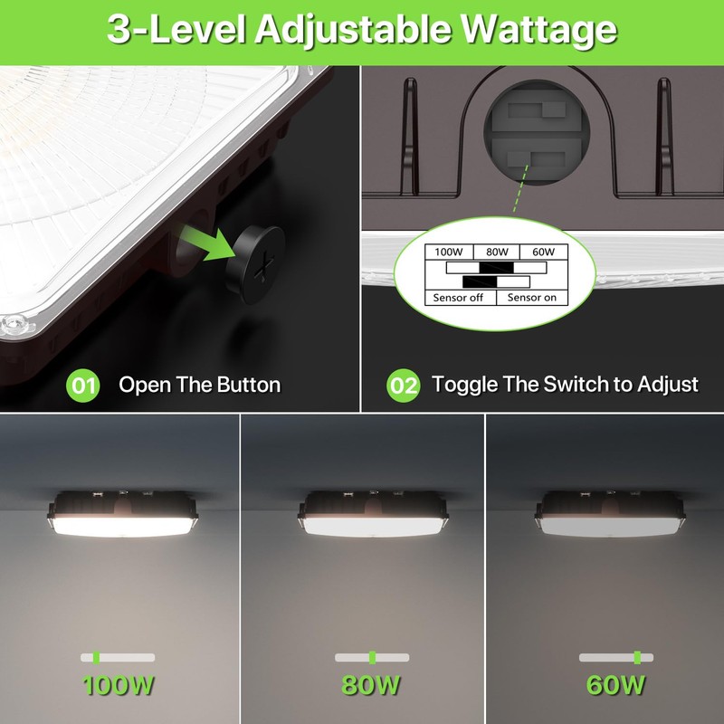 Glitgate LED Canopy Light with Motion Sensor: 100W/80W/60W Adjustable Outdoor