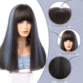 hadaclub Black and Blue Wig with Bangs Black Highlight Blue Wigs for Women Synthetic Wigs with Bangs Long Straight Wigs Date Wedding Cosplay Party Costume Christmas Wigs for Women(20 Inches)
