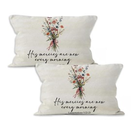 VRW Christian Floral Throw Pillow Covers 16x24, His Mercies are New Every Morning Bible Verse Scripture Flower Decorative Pillow Covers for Home Bedroom, Religious Accent Pillows Cover Pillowcases
