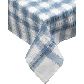 Downview Seersucker Check Cotton Tablecloth 70 Round Light Blue