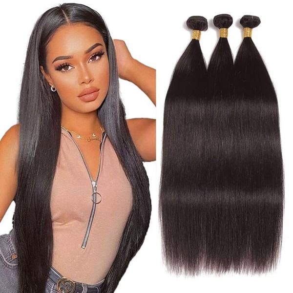 Huarisi Human Hair Straight Bundles Weaves 20 22 24 Inch 100% Unprocessed Virgin Brazilian Straight Hair 3 Bundles Real Hair Extensions Sew-in Double Weft for Black Women