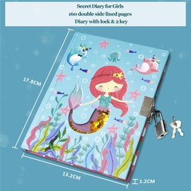 GINMLYDA Mermaid Secret Diary for Girls, 7x5.25 Inches 160 Lined Pages Shakable Sequin Kids Diary with Lock Blue Journal for Girls Gifts Cute Notebook for Birthday Presents Toys 5 6 7 8 9 10 Year Old