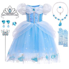 Princess Costumes for Girls, Cinderella Dress Up for Girls with Crown Fairy Wand Necklace Sets, Cinderella Princess Dress Long Skirt, Kids Fancy Dress for Carnival Party Bridesmaid Cosplay (A, 130)