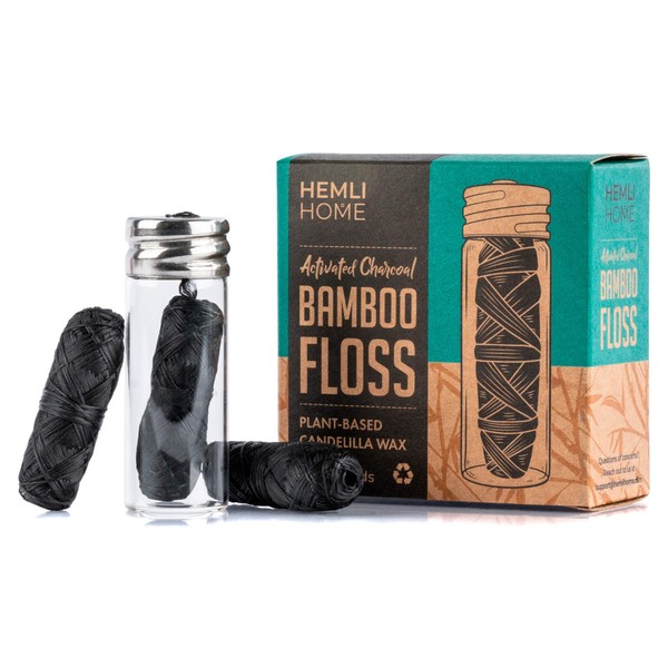 Bamboo Charcoal Floss - Reusable Container with Floss Refills - 99 Yards - Plant-Based Candelilla Wax Floss with Natural Mint Flavoring - Vegan Floss - 3X Floss Refills