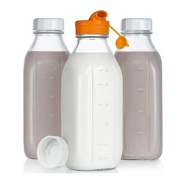 Dwbligt 32 oz Empty Glass Milk Bottles with Silicone Dispenser Cap, Clear Water Bottles with Leak Proof Lid and Scale Mark, Reusable Glass Jars for Juice, Milk, Iced Tea, Set of 3