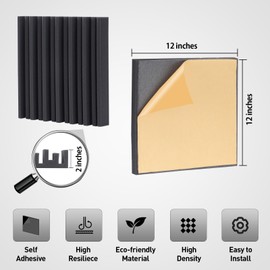 HERTBER 12 Pack Sound Proof Foam Panels for Walls, Self-adhesive Grooved Black Acoustic Panels, 12x12x2 Inches Soundproof Wall Panels, High Density Acoustic Foam for Echoes Absorption