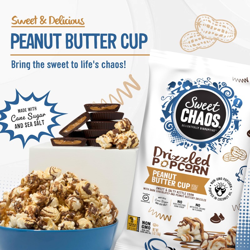 Sweet Chaos Peanut Butter Cup Drizzled Popcorn | Naturally Flavored
