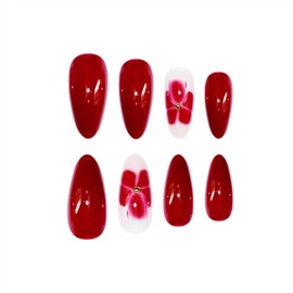 Press on Nails Medium Almond Red Fake Nails with Flower Rhinestone Designs Stick on Nail for Women 24 Pcs (Red-28, M-28)