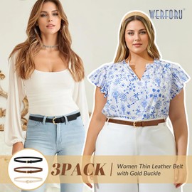 WERFORU 3 Pack Women Skinny Belt Thin Waist Belt for Women Leather Belt with Gold Buckle for Jeans Pants Dress