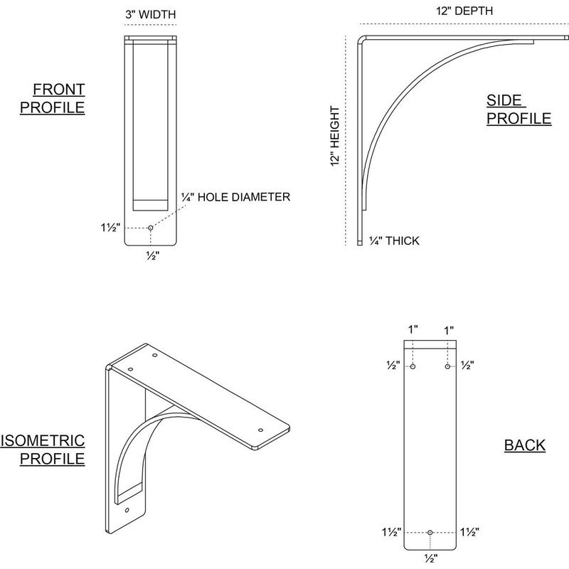 3"W x 12"D x 12"H Morris Steel Bracket, Powder Coated