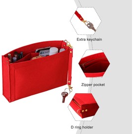 Soyizom Toiletry Pouch 19 26 Bag Organizer Insert for Cosmetics Tidy Organizer,Felt Purse Organizer Insert Ladies Tote Handbag Liner Pocket Organizer with Keychain & Gold Buckle & Zip(Small-19,Red)