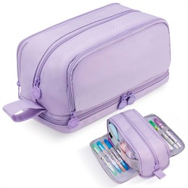 Candcamp Large Capacity Pencil Case for Girls, 4 Compartments Organiser with Zipper Handle, Aesthetic Pencil Pouch for School, College, Office(Purple)