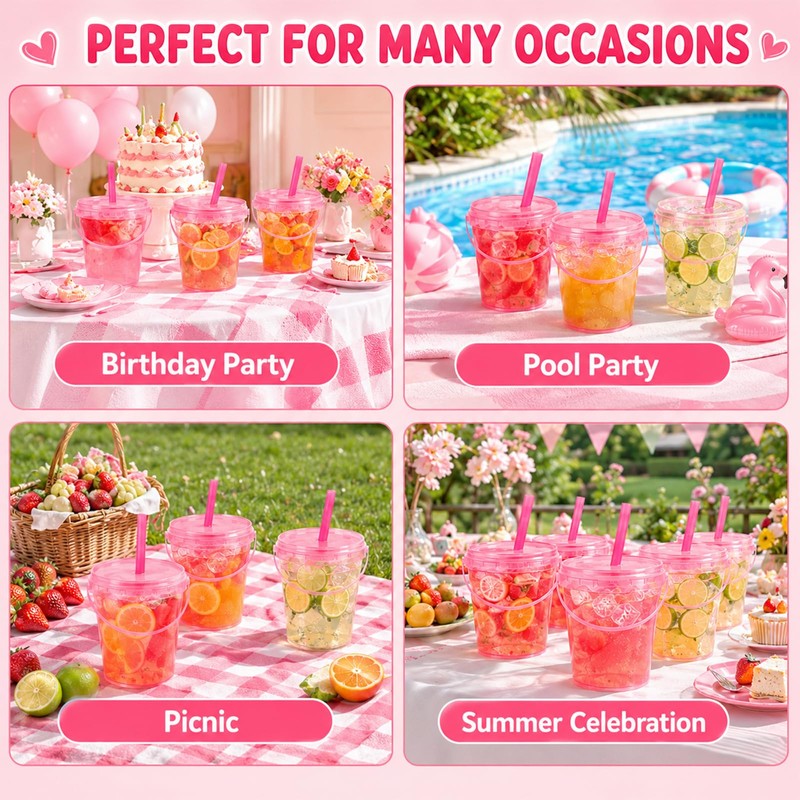 48 Set Clear Pink Bucket Cups with Lids and Straws,