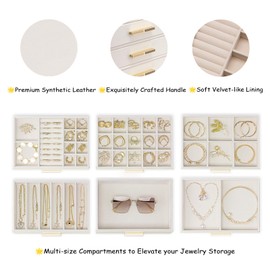 Vlando 6-Drawer Jewelry Box with Glass Lid, Faux Leather Organizer for Rings, Earrings, Necklaces and More, Gift-Ready Jewelry Case for Women Girls or Moms, Beige