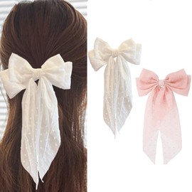 Large Hair Bow Clips for Women, 2 Pack Double Layers Big Bow Bowknot with Long Tail French Barrette Hair Accessories for Valentine's Day Wedding Birthday Party (Pink,White)