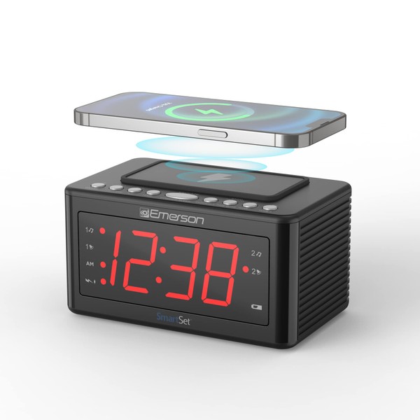 Emerson CKSW0555 Smartset Wireless Charging Alarm Clock Radio Featuring a