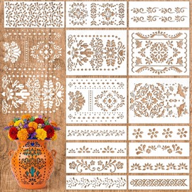 15 plantillas mexicanas Cielito Lindo para pintura, plantillas reutilizables Talavera herramienta de dibujo para jarrones de bricolaje, manualidades, muebles de encaje floral mexicano, decoración de