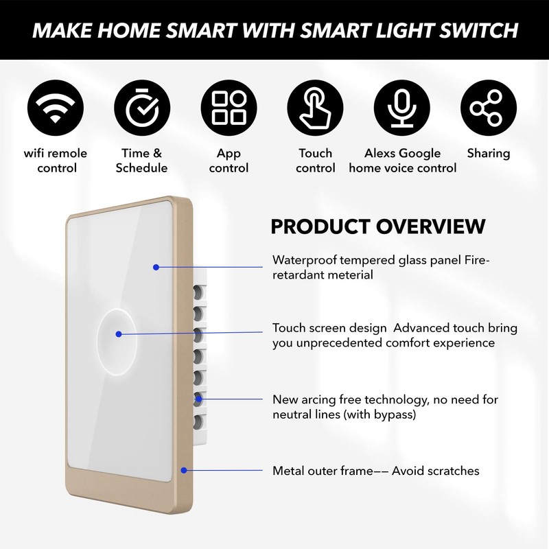 Smart Wall Light Switch, 2.4GHz 1 Gang WiFi Touch Switches,