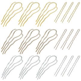 18 Piece Metal Hair Fork Clip Hair Side Combs U-shaped Metal Hair Pins for Buns 4 Prong Hair Updo U-Shape Hair Sticks for Women Hair Styling Tool Accessories (silver, gold and rose gold)