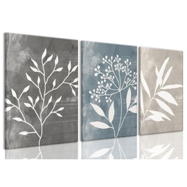 okudolit Vintage Botanical Canvas Wall Art Set of 3 Blue Grey and Beige Neutral Plant Leaf Prints Boho Minimalist Floral Art Pictures Wall Decor for Living Room Bedroom bathroom Office-16x24in
