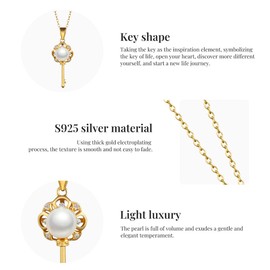 IDOKAWA Pearl Necklace for Women, 6-7mm Freshwater Cultured White Pearl, Classic Key Pendant Necklace with Sterling Silver, Dainty Jewelry Gift for Girls, Wife, Sister, Gold Plated, Pearl