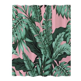 Winteriew Pink and Green Cute Tropical Shower Curtain Banana Leaf Palm Theme Bathroom Decor Sets with Hook Waterproof Washable 72H x 72W inches