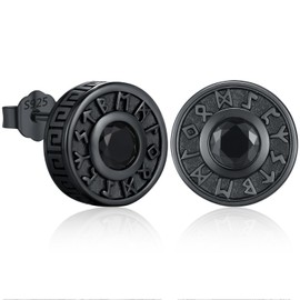 Viking Earrings Men's S925 Silver Stud Earrings, Viking Rune Earrings, Hypoallergenic, Black Punk Gothic Stud Earrings, Black Jewellery, Gifts for Men and Women